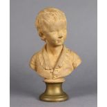 A 19th century French terracotta bust of a boy after Houdon, on gold-painted socle, inscribed “R.