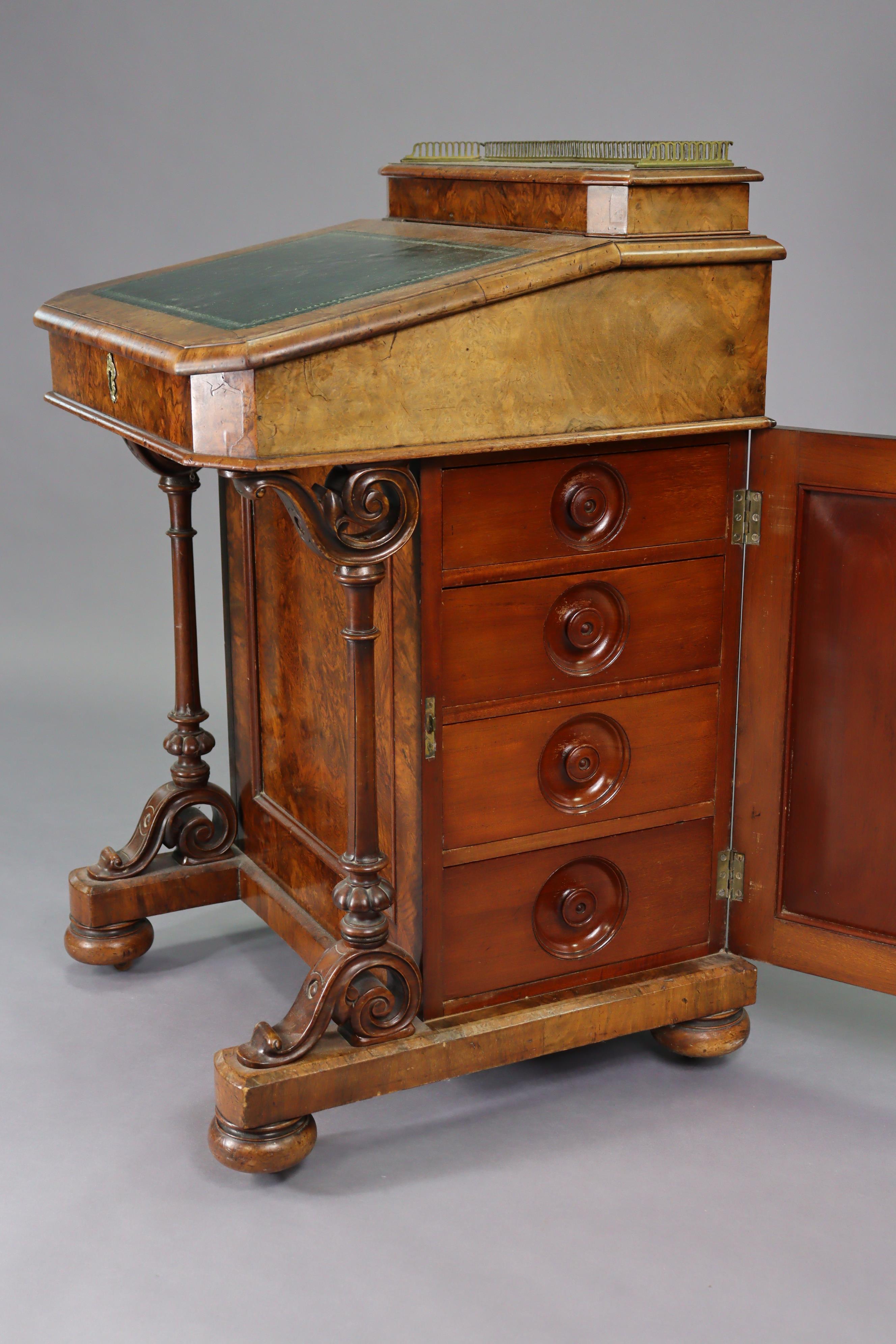 A Victorian burr-walnut davenport with satinwood interior enclosed by sloping hinged lid, inset - Image 3 of 11