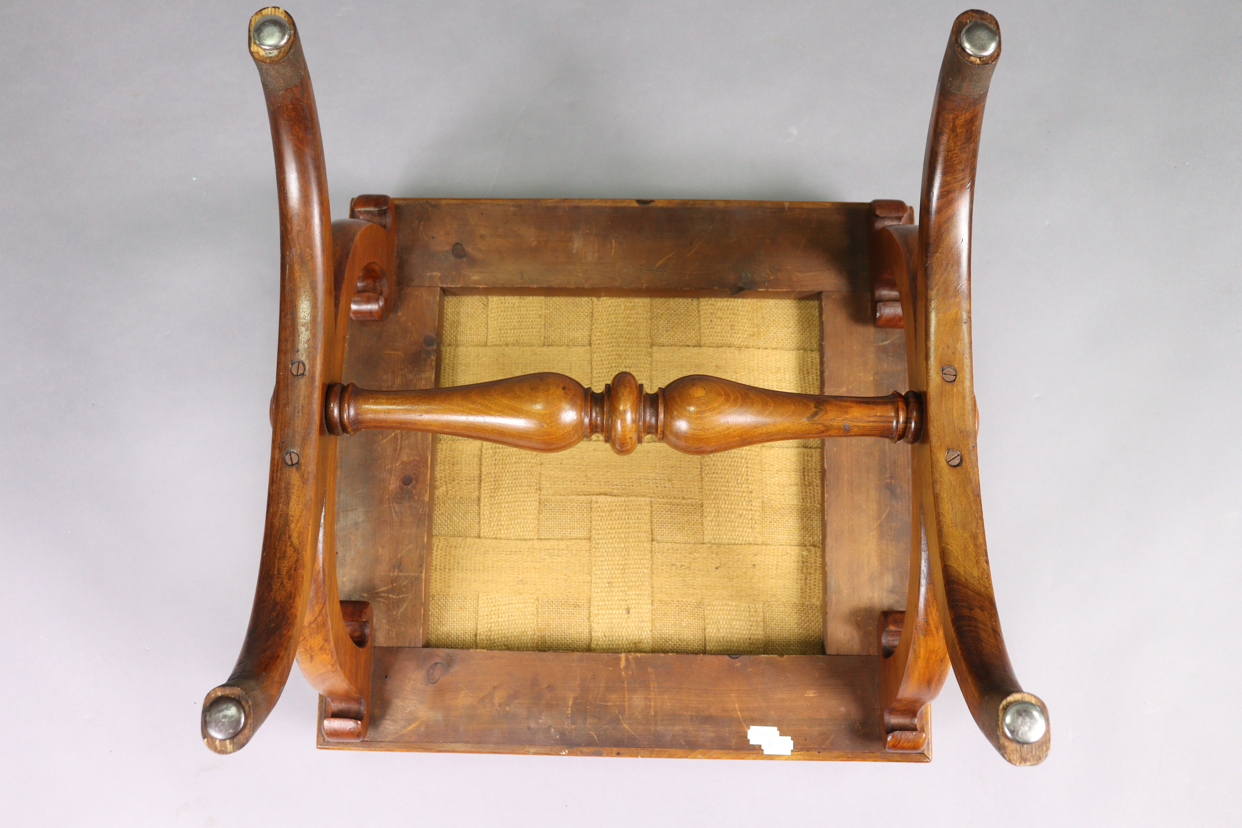 An early 19th century mahogany stool with padded rectangular seat upholstered cream leaf & - Image 4 of 4