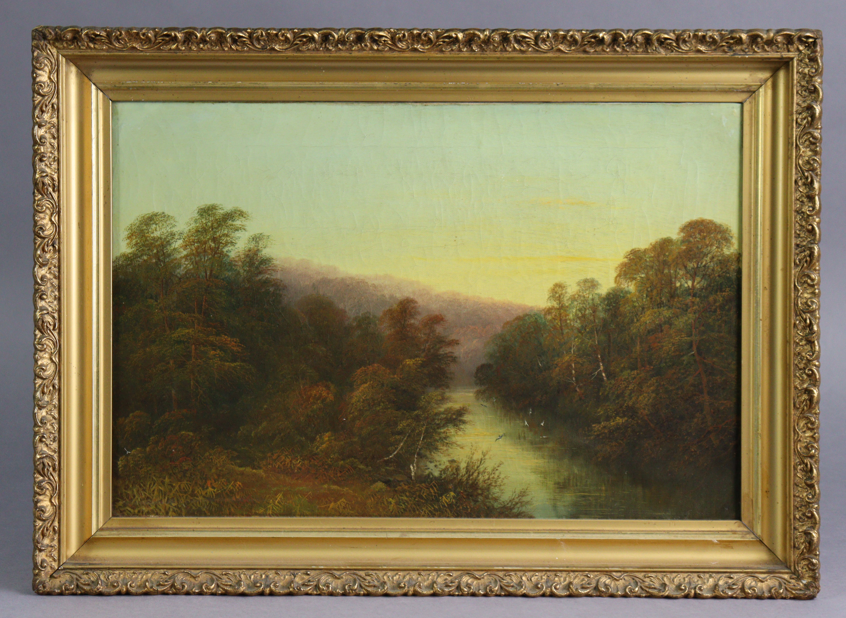 ENGLISH SCHOOL (19th century). A river landscape at sunset. Oil on canvas: 14” z 21”, in gilt - Image 2 of 5