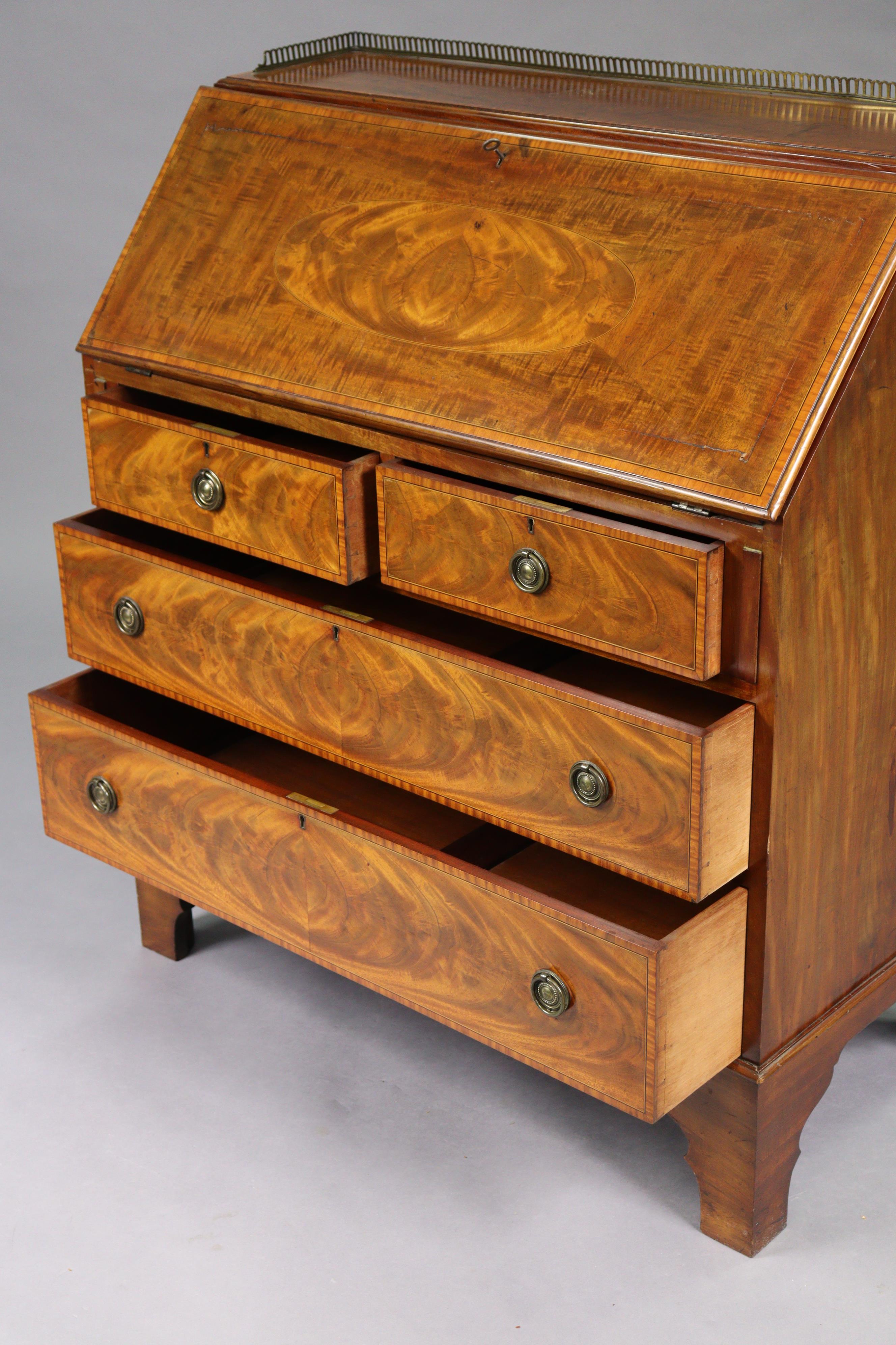 A 19th century mahogany & satinwood crossbanded bureau, the top with pierced brass gallery above a f - Image 3 of 5