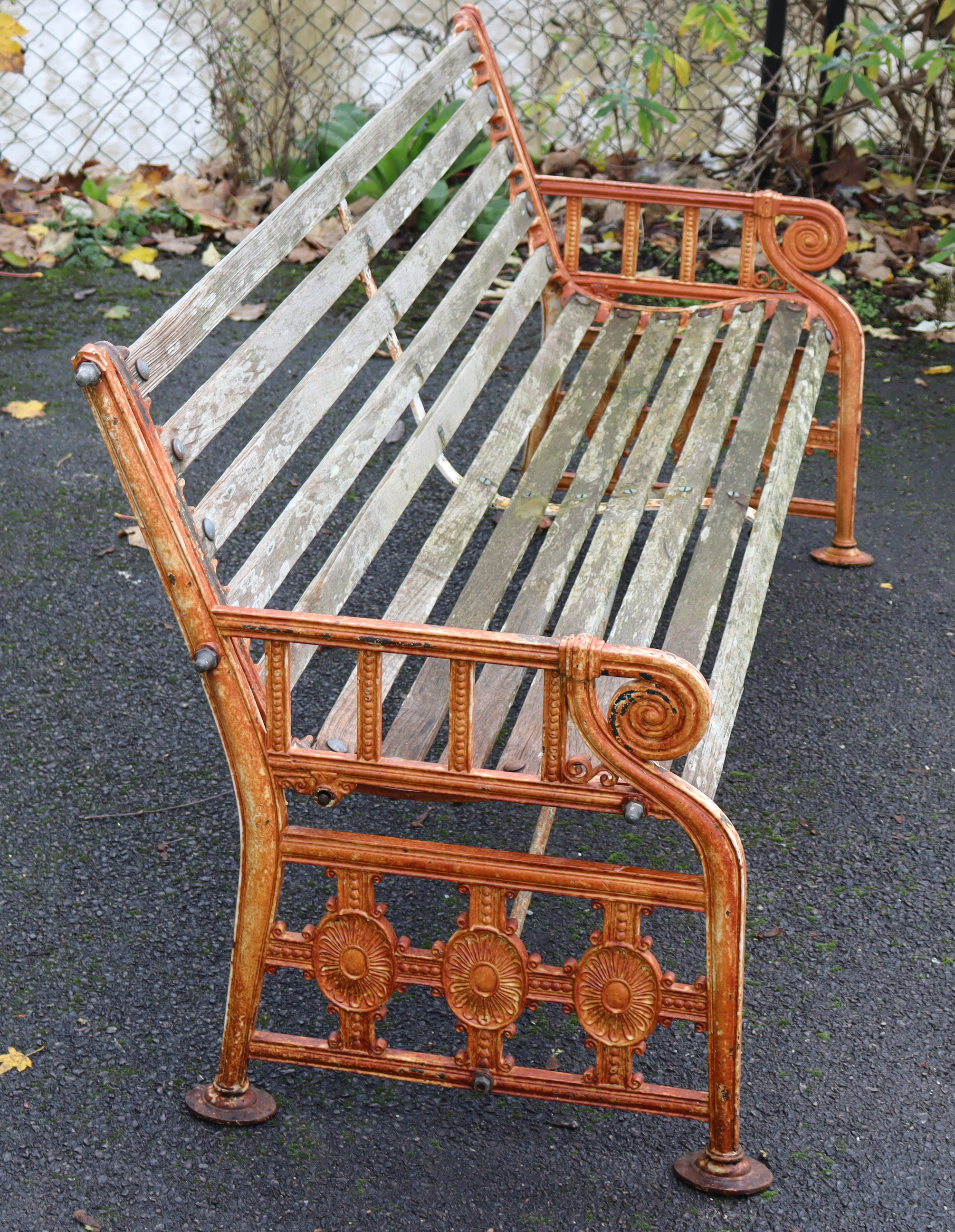 A 19th century Coalbrookdale cast iron garden bench, the pierced ends of Neoclassical design with - Image 6 of 10