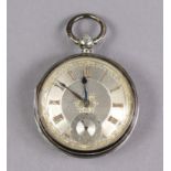 A Victorian silver open-face pocket watch, the engine-turned silver dial with gold roman