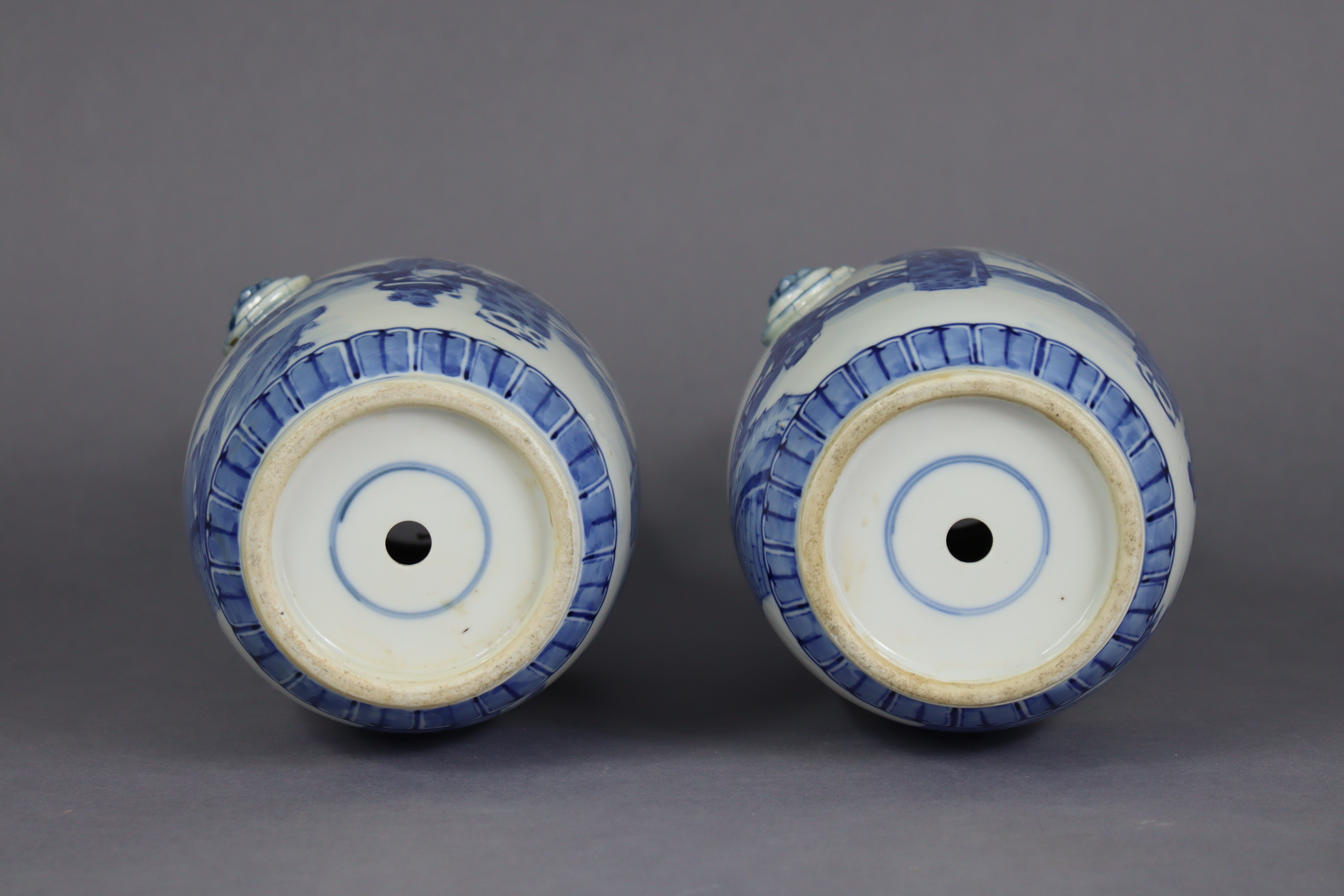 A pair of 19th century Chinese blue & white porcelain vases of ovoid form, with tall cylindrical - Image 7 of 10