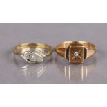 A 9ct. gold & palladium ring set three small diamonds, size: N, weight: 2.1gm; & an un-marked yellow