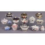 Thirteen 19th century English porcelain sucrieres, variously decorated, & a small Wedgwood pottery