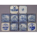 A group of ten various 18th century Dutch blue and white delft tiles, six painted with rural