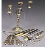 A Old Sheffield plated twin-branch table candelabrum, 17½” high (w.a.f.); a King’s pattern soup