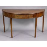 A 19th century mahogany demi-lune side table fitted central frieze drawer with brass ring handles,