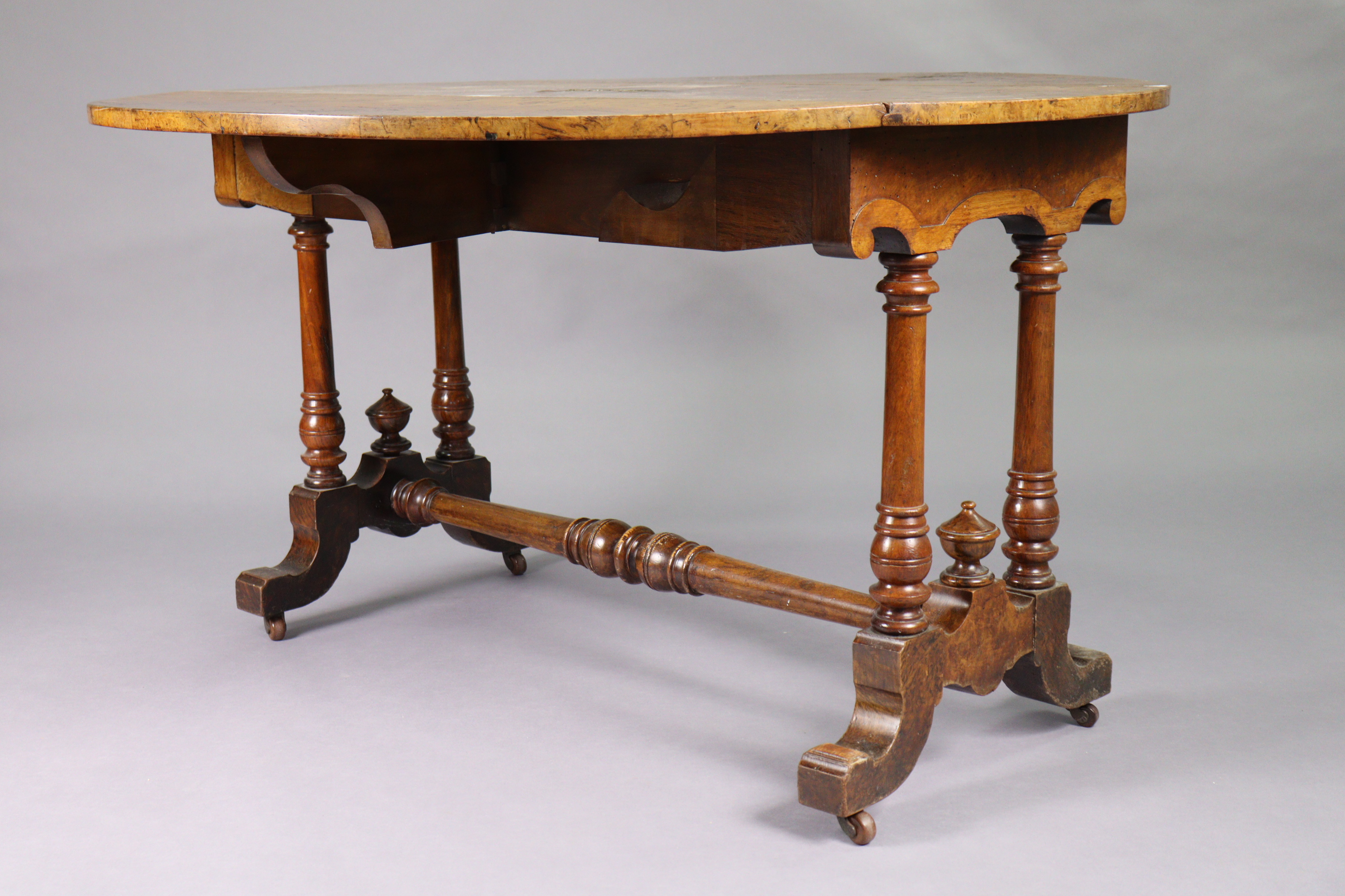 A 19th century birds-eye-maple circular drop-leaf dining table on pair of turned supports to - Image 3 of 6