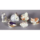 Six Royal Crown Derby porcelain paperweights: Rabbit; Grey Kitten; Derby Wren; Bank Vole; Meadow Rab