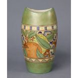 A Charlotte Rhead Bursley ware vase of pale green ground with bright coloured fruit & foliage
