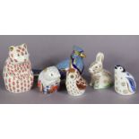 Six Royal Crown Derby porcelain paperweights: Hamster; Blue Jay; Snowflake (Penguin); Owlet; Nibbles