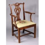 A Georgian-style mahogany splat-back carver chair with a padded drop-in-seat, & on square legs