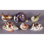 Six Royal Crown Derby porcelain paperweights: Imari Badger; Imari Tortoise; Wren; Firecrest; Teal Du