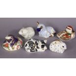 Six Royal Crown Derby porcelain paperweights: Lamb; Mole; Bakewell Duckling; River Bank Vole; Misty