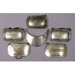 Five various silver decanter labels for “Whisky”, “Brandy”, “Rum”, “Port” & “Sherry”, all Birmingham