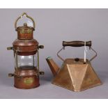 A copper kettle in the Christopher Dresser style, 7¾”, & a Davey “Anchor” ship’s lamp (lacking