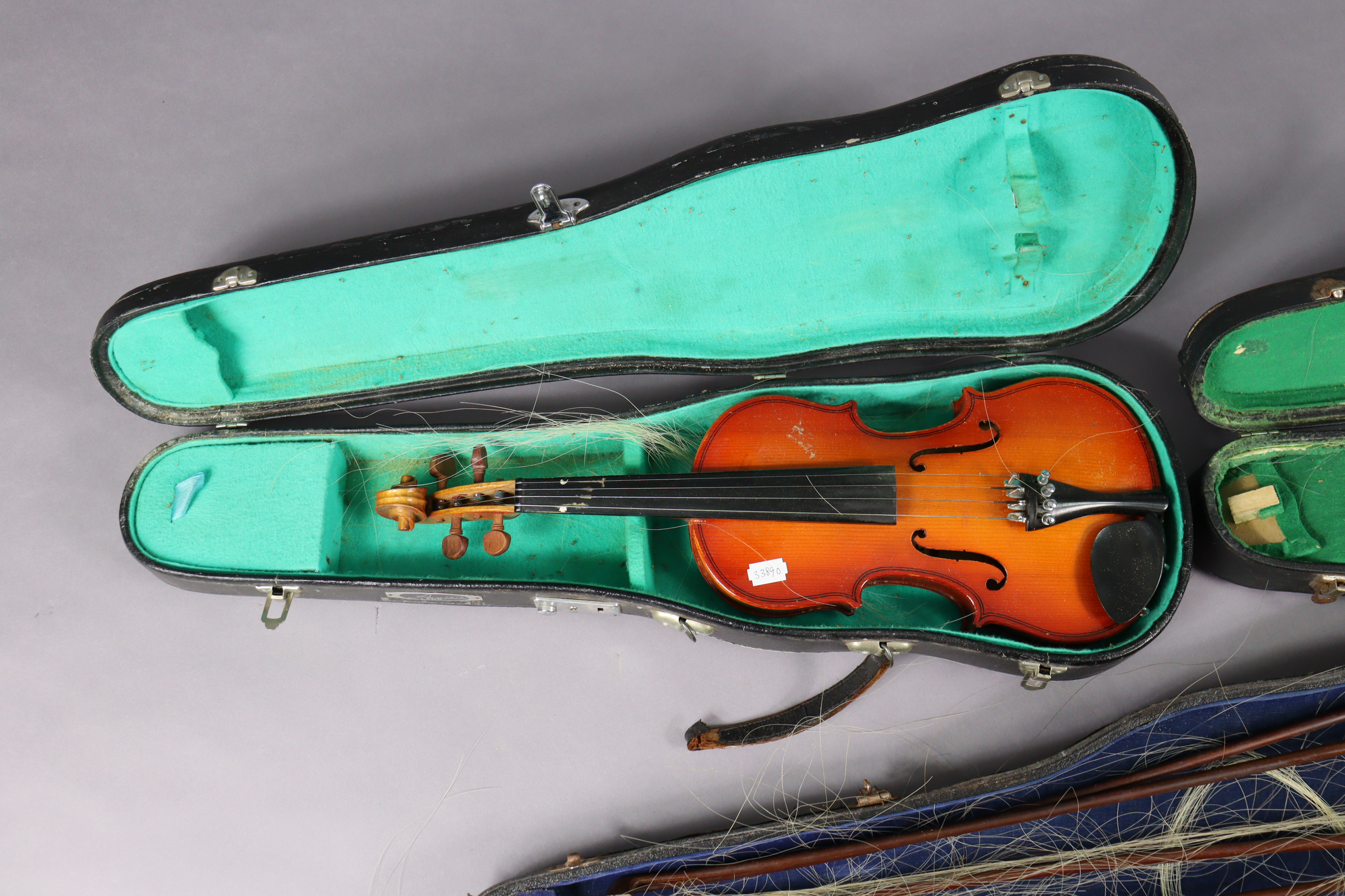 Three vintage violins & five bows, each with a case. - Image 3 of 4