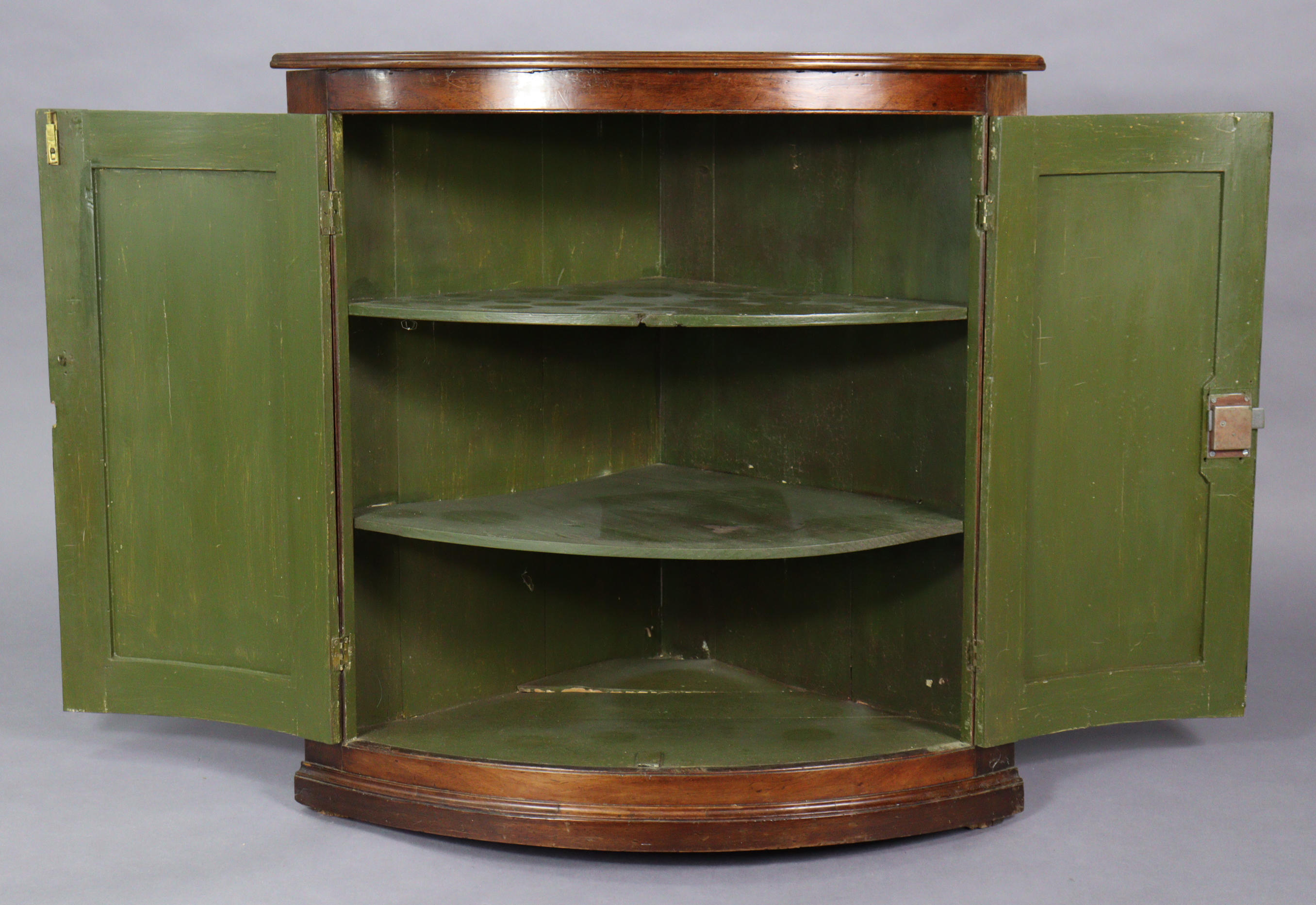 A 19th century inlaid-mahogany large bow-front hanging corner cupboard, fitted two shelves, 36” wide - Image 2 of 4