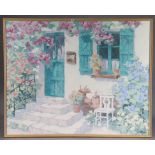A large oil on canvas painting by Lee Reynolds of a courtyard with flowers, signed lower right, in