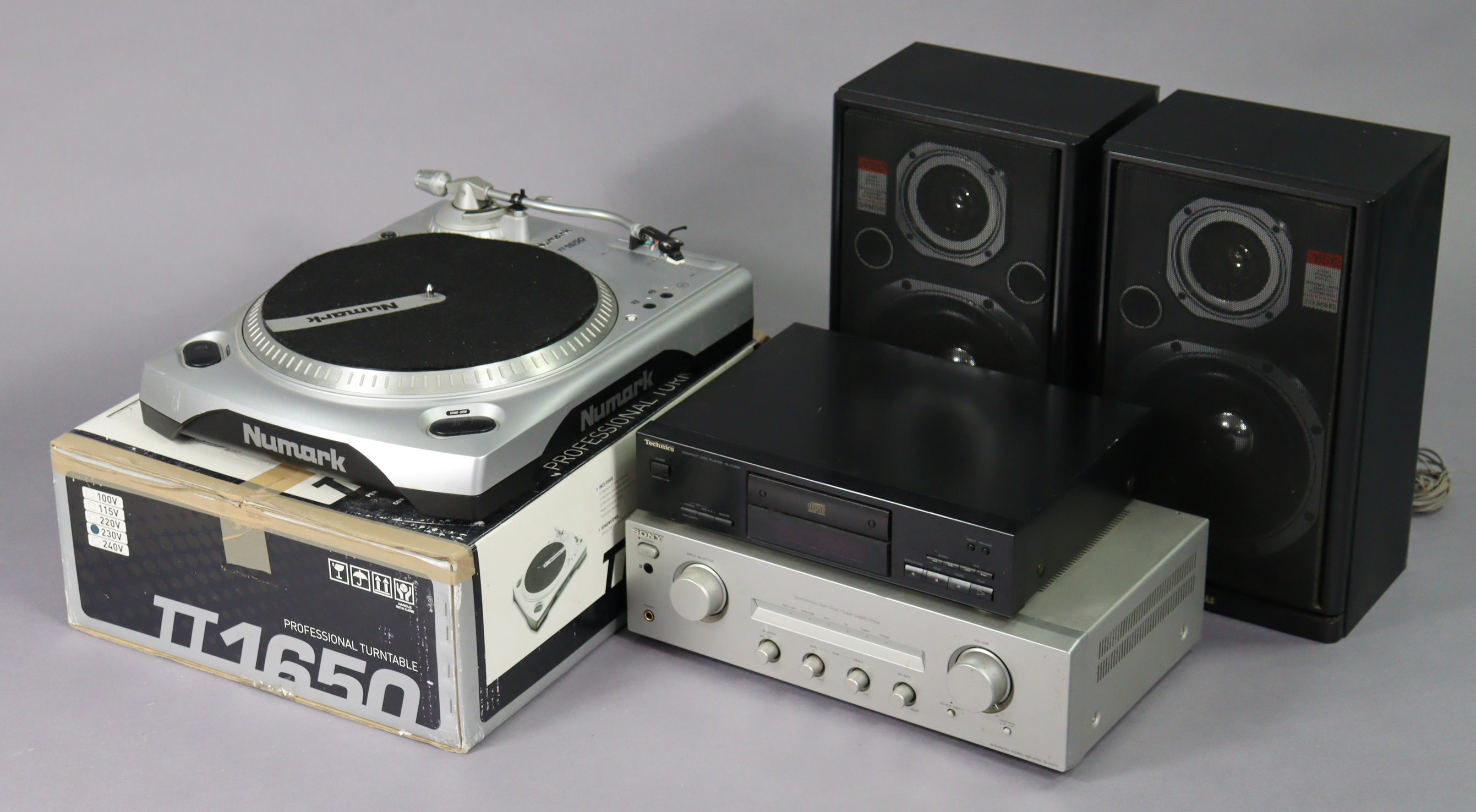 A Sony TA-FE370 Integrated Stereo Amplifier, a pair of Akai hi-fi speakers, a Technics CD