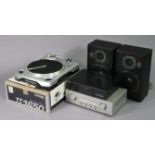 A Sony TA-FE370 Integrated Stereo Amplifier, a pair of Akai hi-fi speakers, a Technics CD