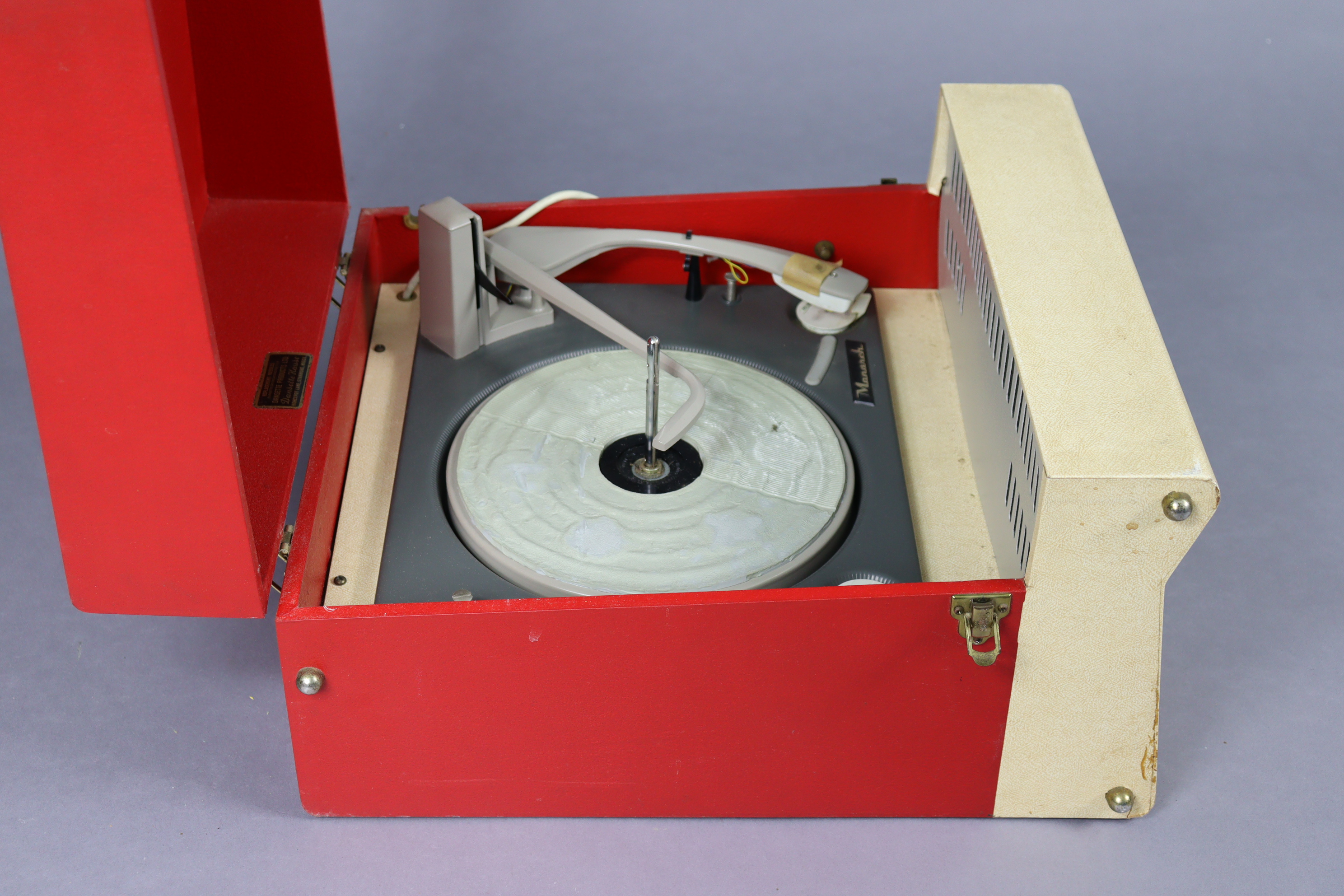 A vintage Dansette portable record player in red & cream fibre-covered case. - Image 2 of 4