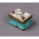 An 18th century Bilston enamel patch box with pictorial scene to the hinged lid, inscribed “We