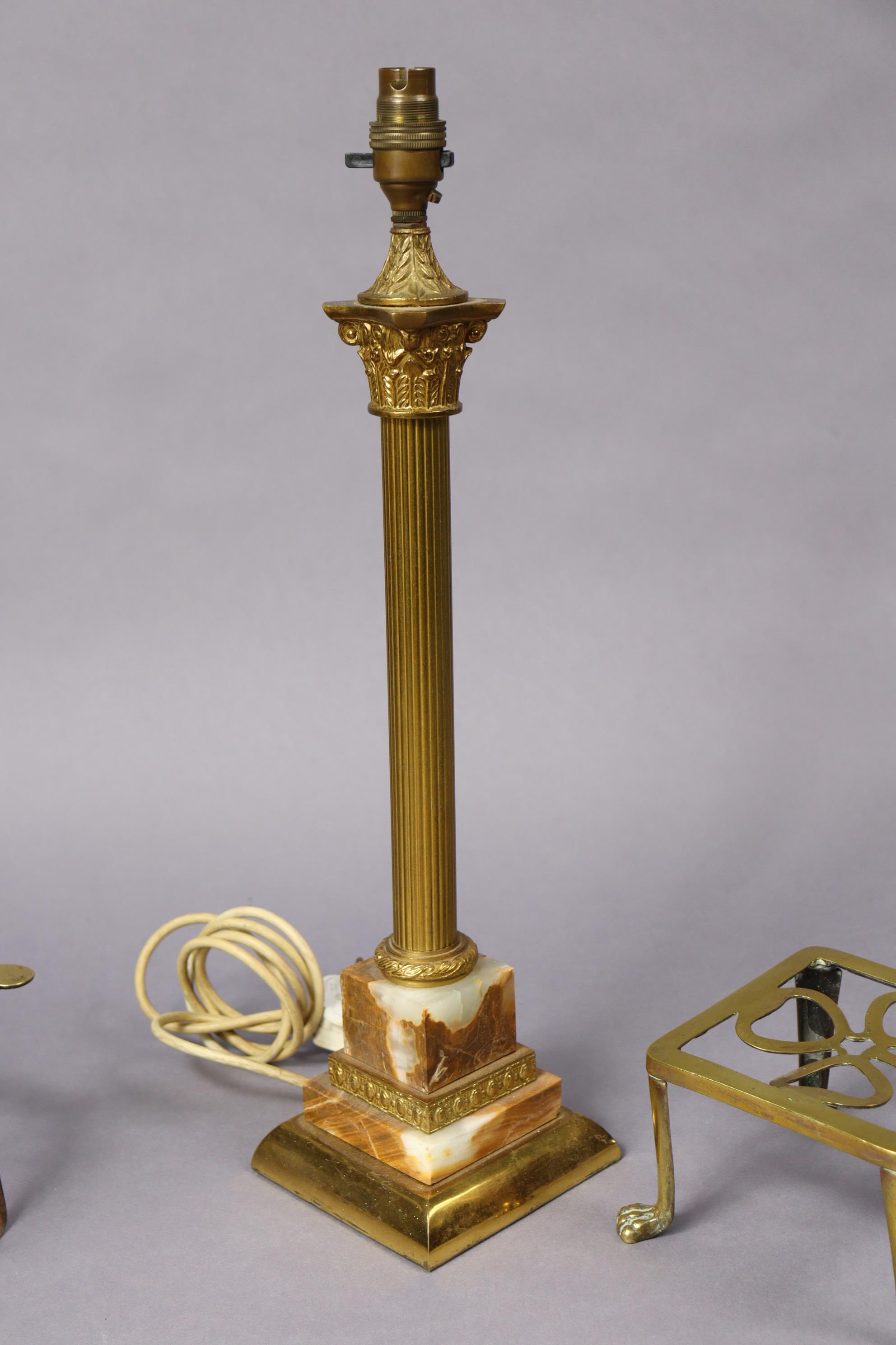 A brass and onyx Corinthian-style table lamp base, 20” high, two brass trivets, etc. - Image 2 of 7