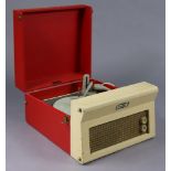 A vintage Dansette portable record player in red & cream fibre-covered case.