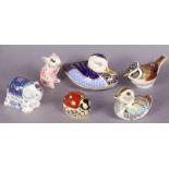 Six Royal Crown Derby porcelain paperweights: Duck; Crested Tit; Baby Indian Elephant “Sitara”; Dora