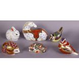 Six Royal Crown Derby porcelain paperweights: Chinese Zodiac horse; Orchard Hedgehog; Catnip Kitten;