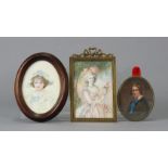 Three various 19th century & later portrait miniatures: A lady in pink dress, half-length holding
