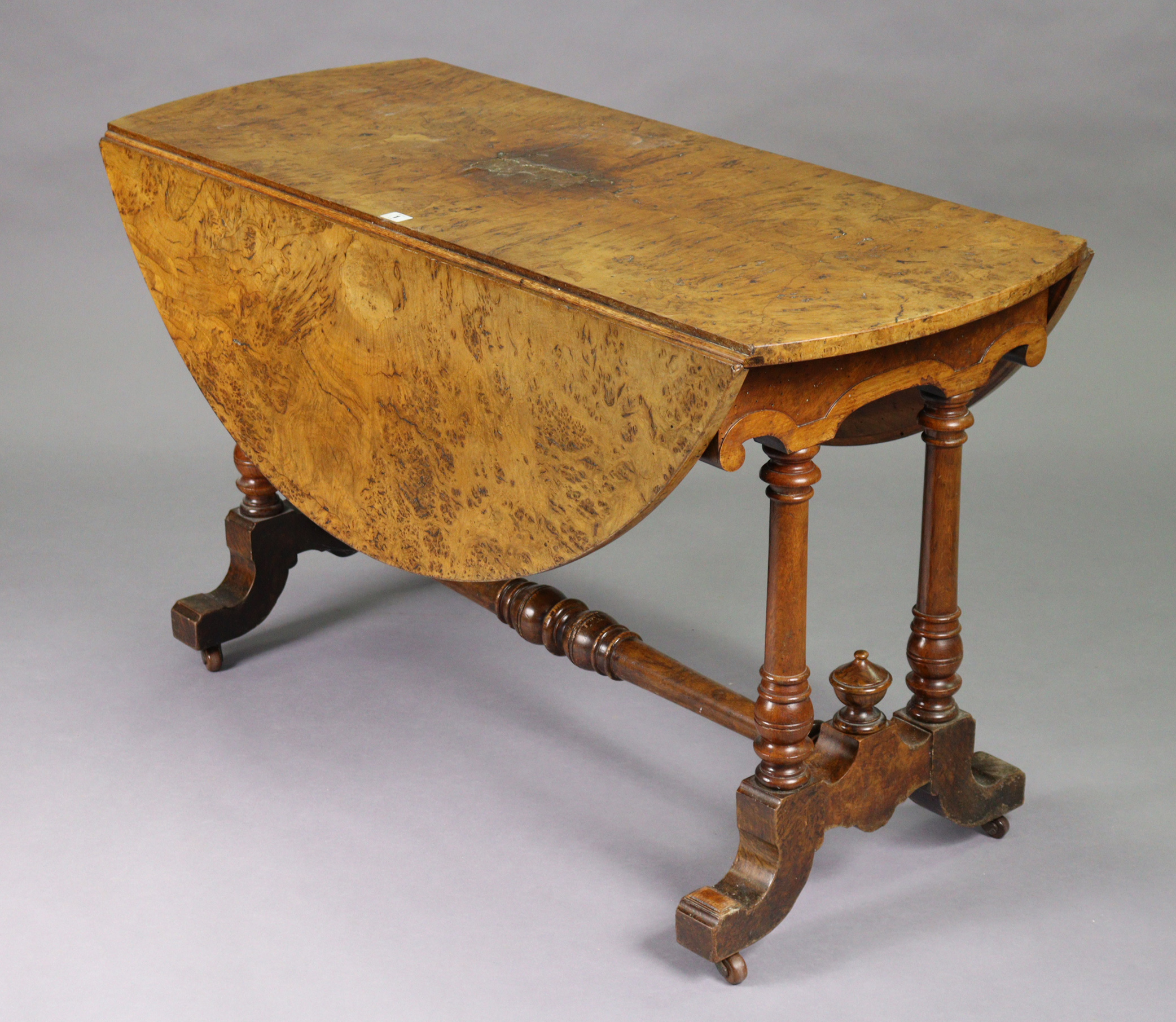 A 19th century birds-eye-maple circular drop-leaf dining table on pair of turned supports to - Image 4 of 6