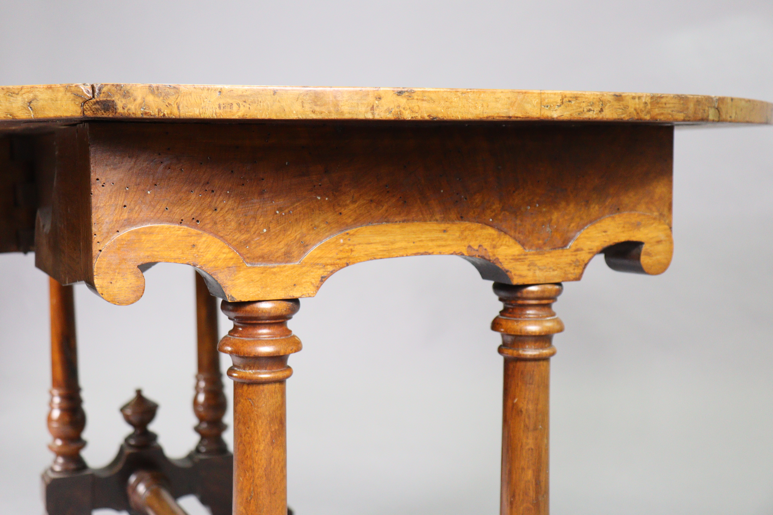 A 19th century birds-eye-maple circular drop-leaf dining table on pair of turned supports to - Image 5 of 6