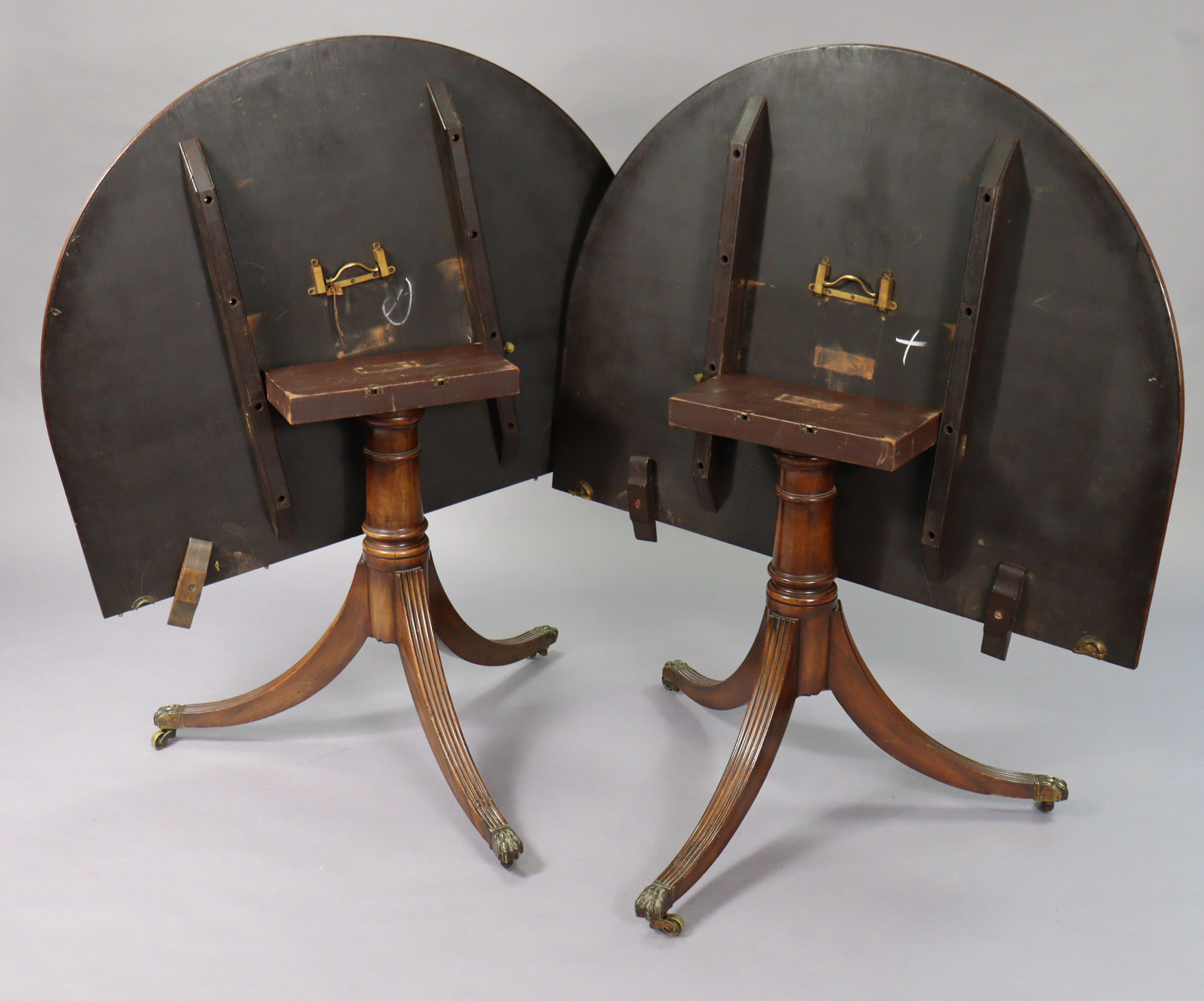 A regency-style inlaid-mahogany twin-pedestal tilt top extending dining table with d-shaped ends, - Image 5 of 9