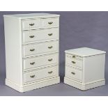 A white-finish upright chest fitted short & three long drawers with brass swing handles, & a