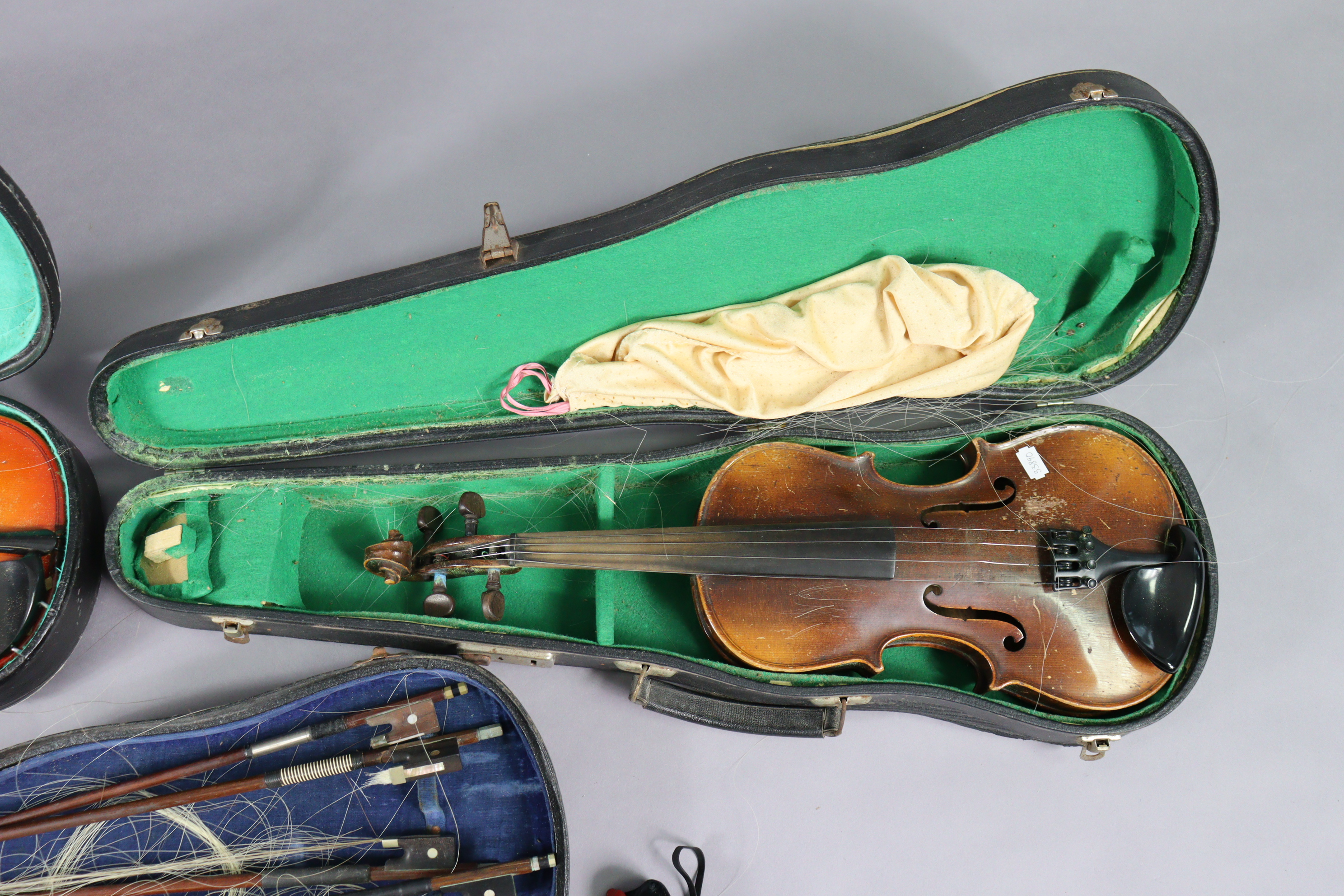 Three vintage violins & five bows, each with a case. - Image 2 of 4