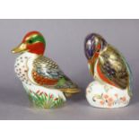 Two Royal Crown Derby porcelain paperweights: Kingfisher, & Green Winged Teal; the first with silver