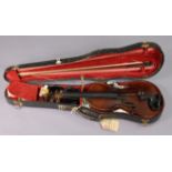 A vintage violin & bow (violin 23¼” long), with case.