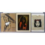 A vintage reproduction print of a 60s glamour model on wooden mount, 28¾”x22¼”, four abstract oil on