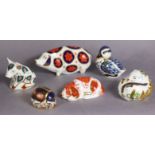 Six Royal Crown Derby porcelain paperweights: Pig; Sleeping Dormouse; Duckling; Blue Ladybird; Snuff
