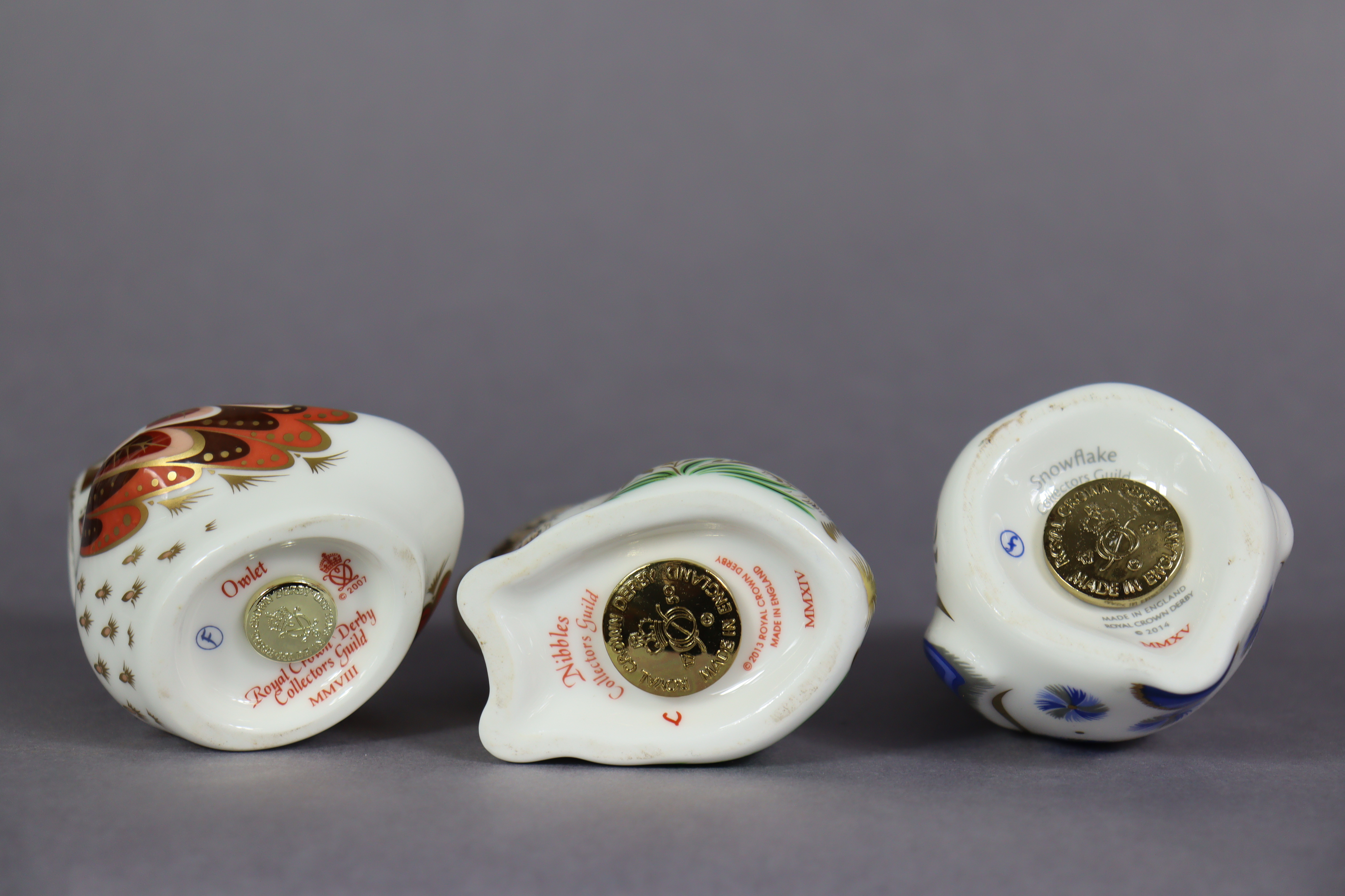 Six Royal Crown Derby porcelain paperweights: Hamster; Blue Jay; Snowflake (Penguin); Owlet; Nibbles - Image 8 of 9