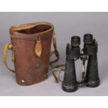A pair of WWII black lacquered British Military field glasses, with leather case (case w.a.f.).