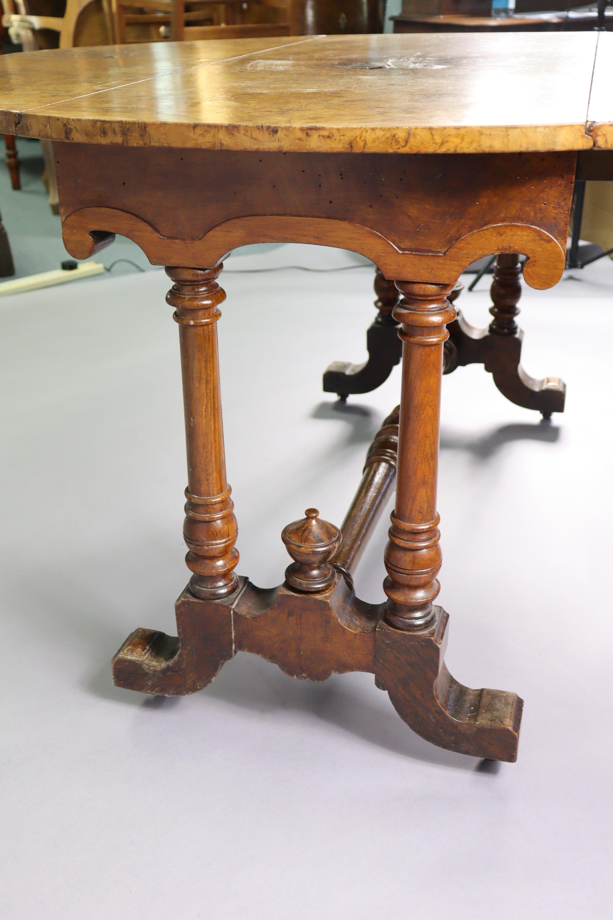 A 19th century birds-eye-maple circular drop-leaf dining table on pair of turned supports to - Image 6 of 6