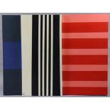 A large abstract oil painting on canvas with red, white & blue striped design, 39¼”x51” overall.