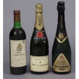 A bottle of Moet et Chandon champagne, a bottle of Kupferberg Gold sparkling wine, & a bottle of