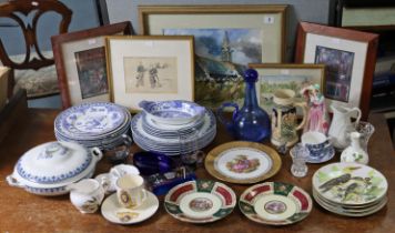 Five decorative pictures; & various items of decorative china & glassware.