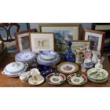 Five decorative pictures; & various items of decorative china & glassware.